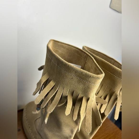 VTG Y2k Report Dubai Tan Suede Genuine leather Shoes Fringe platform Size 9 Wome - Picture 12 of 16